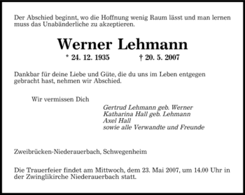 Traueranzeige von Werner Lehmann von SAARBRÜCKER ZEITUNG