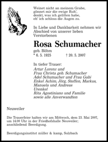 Traueranzeige von Rosa Schumacher von SAARBRÜCKER ZEITUNG