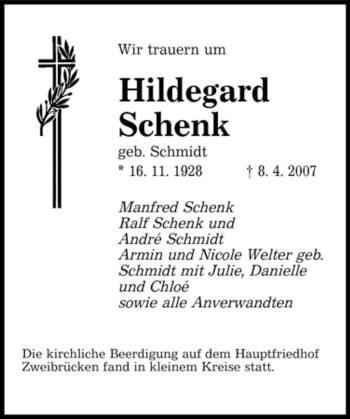Traueranzeige von Hildegard Schenk von SAARBRÜCKER ZEITUNG