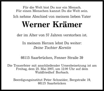Traueranzeige von Werner Krämer von SAARBRÜCKER ZEITUNG
