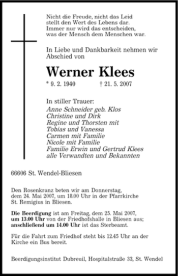 Traueranzeige von Werner Klees von SAARBRÜCKER ZEITUNG