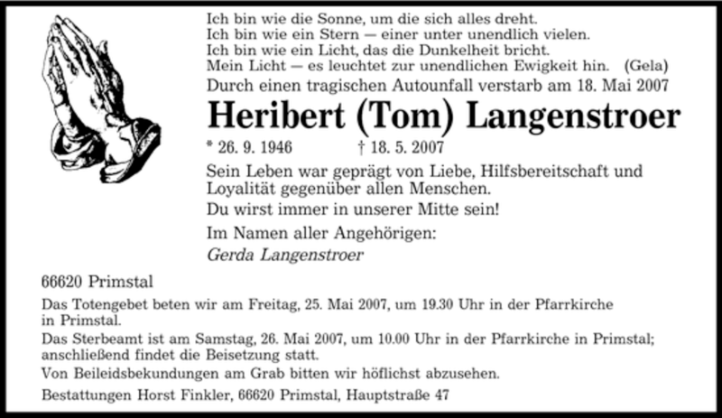  Traueranzeige für Heribert Langenstroer vom 25.05.2007 aus SAARBRÜCKER ZEITUNG