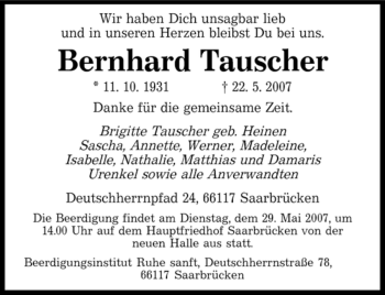 Traueranzeige von Bernhard Tauscher von SAARBRÜCKER ZEITUNG
