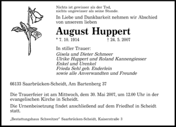 Traueranzeige von August Huppert von SAARBRÜCKER ZEITUNG