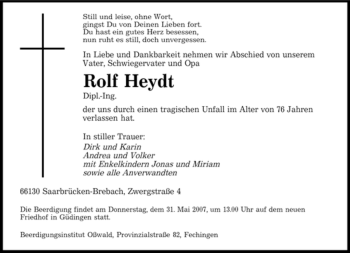 Traueranzeige von Rolf Heydt von SAARBRÜCKER ZEITUNG