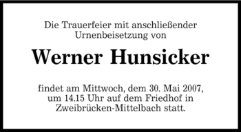 Traueranzeige von Werner Hunsicker von SAARBRÜCKER ZEITUNG
