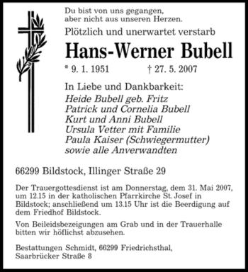Traueranzeige von Hans-Werner Bubell von SAARBRÜCKER ZEITUNG