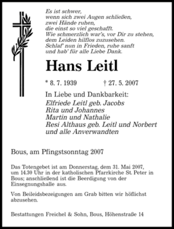 Traueranzeige von Hans Leitl von SAARBRÜCKER ZEITUNG