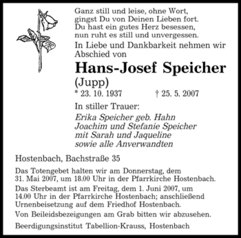 Traueranzeige von Hans-Josef Speicher von SAARBRÜCKER ZEITUNG
