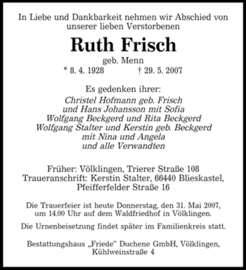 Traueranzeige von Ruth Frisch von SAARBRÜCKER ZEITUNG