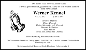 Traueranzeige von Werner Kennel von SAARBRÜCKER ZEITUNG