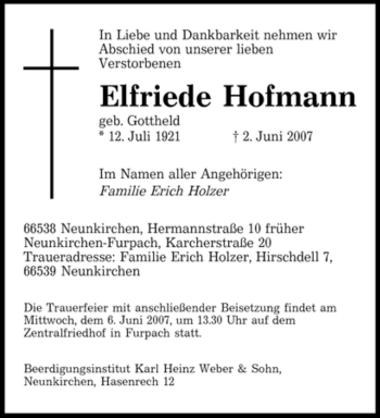 Traueranzeige von Elfriede Hofmann von SAARBRÜCKER ZEITUNG