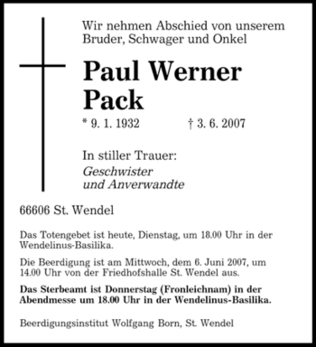 Traueranzeige von Paul Werner Pack von SAARBRÜCKER ZEITUNG