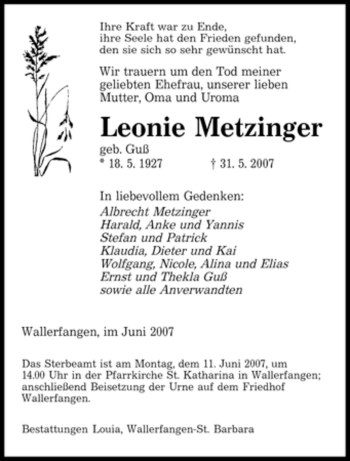 Traueranzeige von Leonie Metzinger von SAARBRÜCKER ZEITUNG