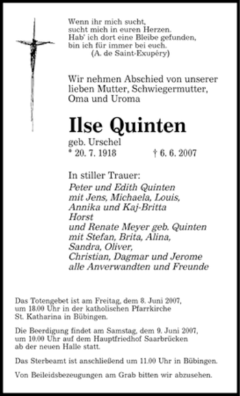 Traueranzeige von Ilse Quinten von SAARBRÜCKER ZEITUNG