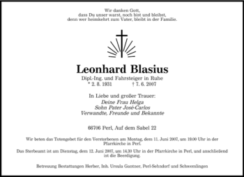 Traueranzeige von Leonhard Blasius von SAARBRÜCKER ZEITUNG