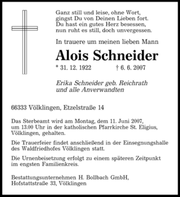 Traueranzeige von Alois Schneider von SAARBRÜCKER ZEITUNG