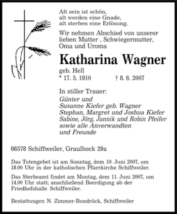 Traueranzeige von Katharina Wagner von SAARBRÜCKER ZEITUNG