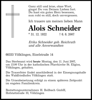 Traueranzeige von Alois Schneider von SAARBRÜCKER ZEITUNG