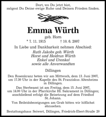 Traueranzeige von Emma Würth von SAARBRÜCKER ZEITUNG