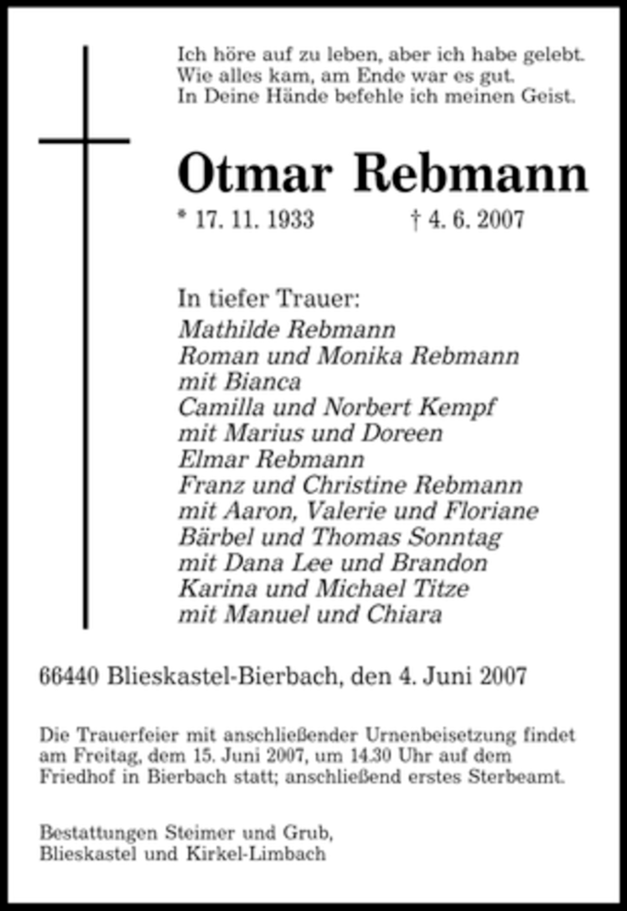  Traueranzeige für Otmar Rebmann vom 13.06.2007 aus SAARBRÜCKER ZEITUNG
