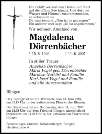 Traueranzeige von Magdalena Dörrenbächer von SAARBRÜCKER ZEITUNG
