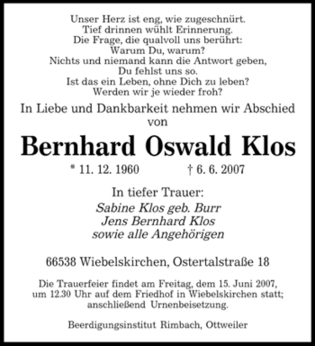 Traueranzeige von Bernhard Oswald Klos von SAARBRÜCKER ZEITUNG