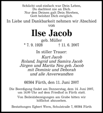 Traueranzeige von Ilse Jacob von SAARBRÜCKER ZEITUNG