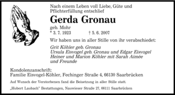 Traueranzeige von Gerda Gronau von SAARBRÜCKER ZEITUNG