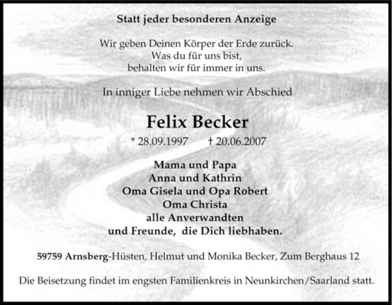  Traueranzeige für Felix Becker vom 21.06.2007 aus 