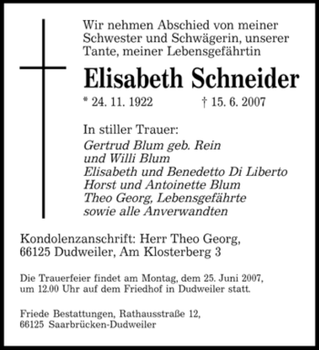 Traueranzeige von Elisabeth Schneider von SAARBRÜCKER ZEITUNG