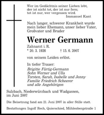 Traueranzeige von Werner Germann von SAARBRÜCKER ZEITUNG