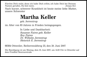 Traueranzeige von Martha Keller von SAARBRÜCKER ZEITUNG
