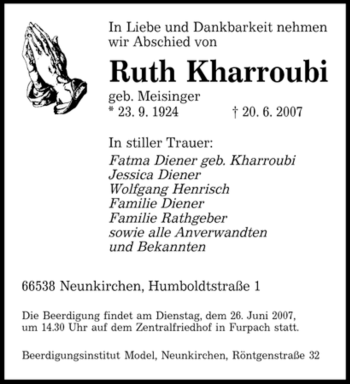 Traueranzeige von Ruth Kharroubi von SAARBRÜCKER ZEITUNG