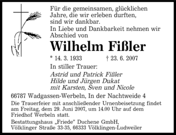 Traueranzeige von Wilhelm Fißler von SAARBRÜCKER ZEITUNG