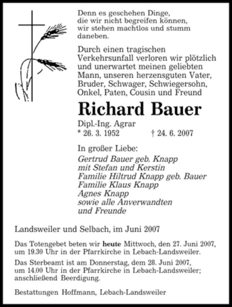  Traueranzeige für Richard Bauer vom 27.06.2007 aus SAARBRÜCKER ZEITUNG
