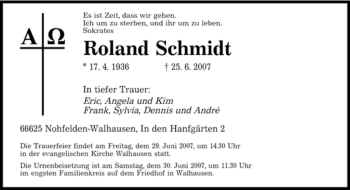 Traueranzeige von Roland Schmidt von SAARBRÜCKER ZEITUNG
