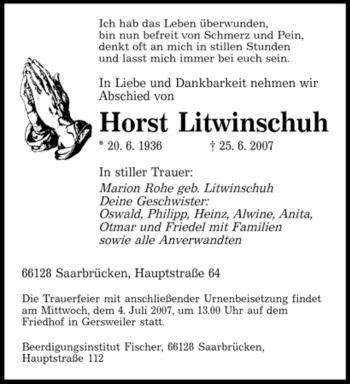 Traueranzeige von Horst Litwinschuh von SAARBRÜCKER ZEITUNG