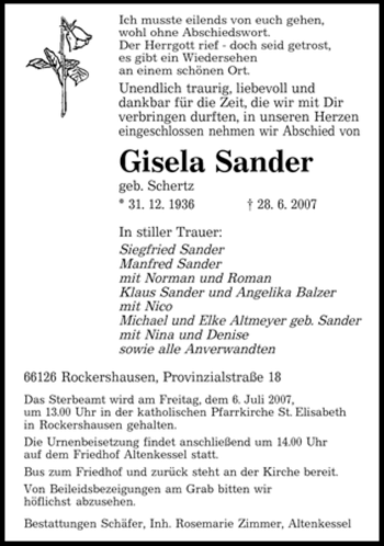 Traueranzeige von Gisela Sander von SAARBRÜCKER ZEITUNG
