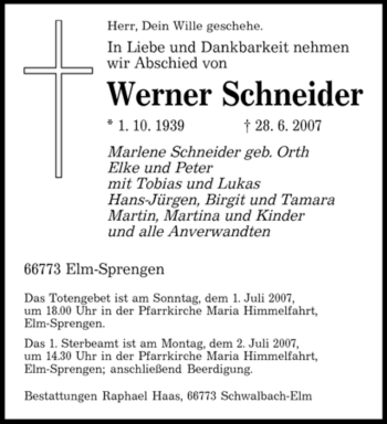 Traueranzeige von Werner Schneider von SAARBRÜCKER ZEITUNG