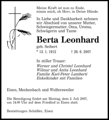 Traueranzeige von Berta Leonhard von SAARBRÜCKER ZEITUNG