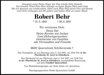 Traueranzeige von Robert Behr von SAARBRÜCKER ZEITUNG