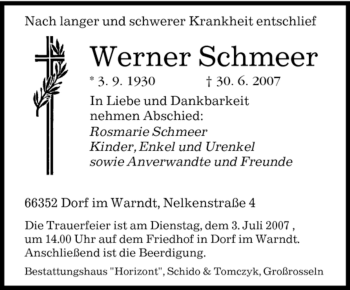 Traueranzeige von Werner Schmeer von SAARBRÜCKER ZEITUNG