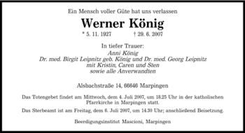 Traueranzeige von Werner König von SAARBRÜCKER ZEITUNG