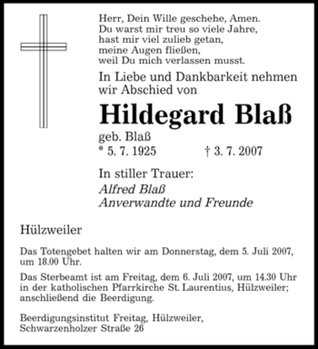 Traueranzeige von Hildegard Blaß von SAARBRÜCKER ZEITUNG