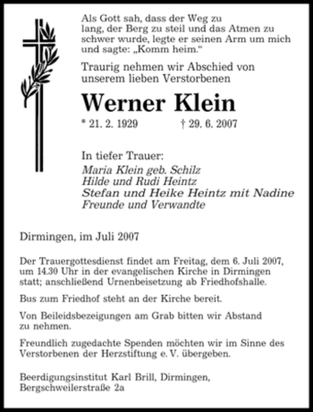 Traueranzeige von Werner Klein von SAARBRÜCKER ZEITUNG