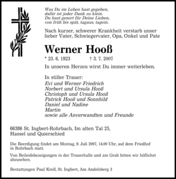 Traueranzeige von Werner Hooß von SAARBRÜCKER ZEITUNG