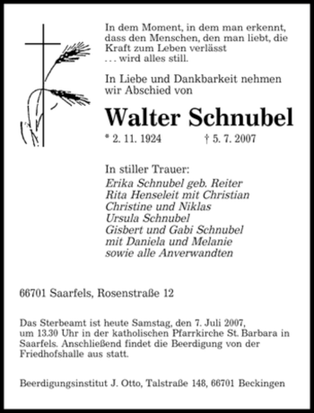 Traueranzeige von Walter Schnubel von SAARBRÜCKER ZEITUNG