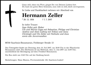 Traueranzeige von Hermann Zeller von SAARBRÜCKER ZEITUNG