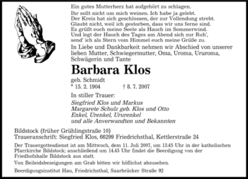 Traueranzeige von Barbara Klos von SAARBRÜCKER ZEITUNG